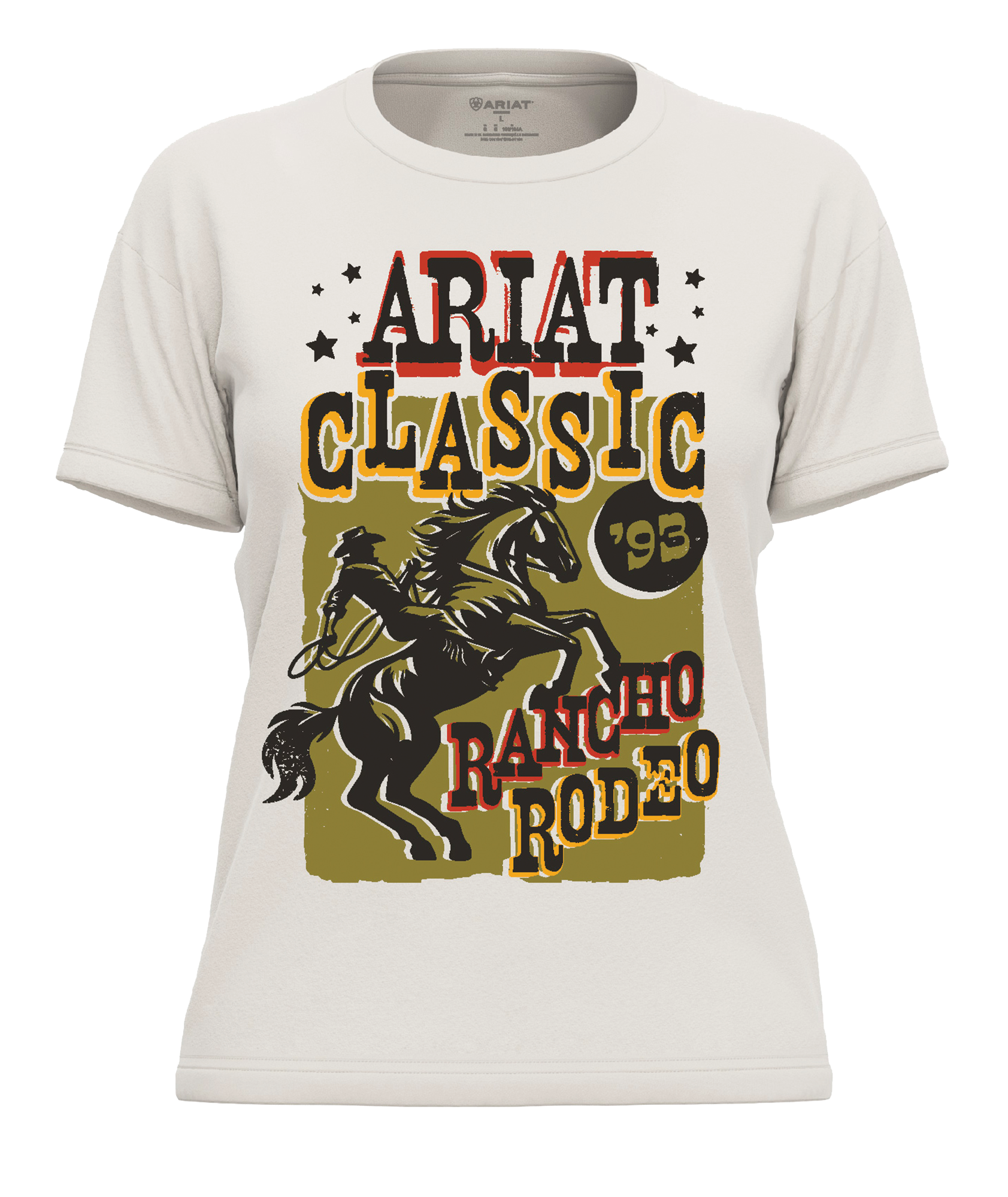 Ariat Women's Classic Rodeo T-Shirt. White t-shirt with Ariat Classic Rancho Rodeo graphic design on a white background
