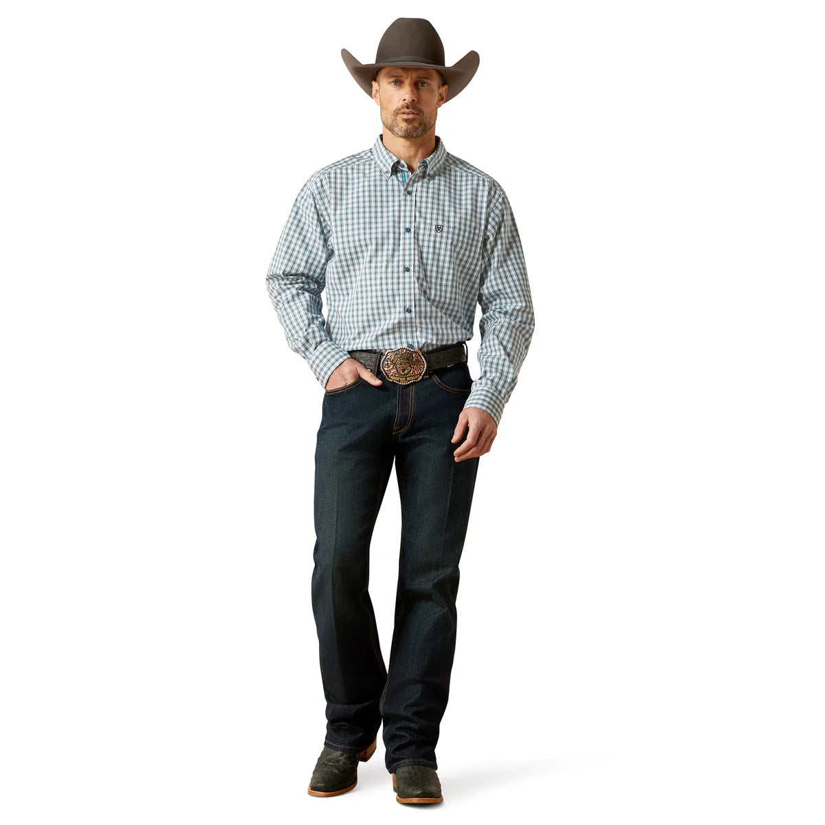 Man wearing a checkered shirt, dark jeans, and a cowboy hat on a white background