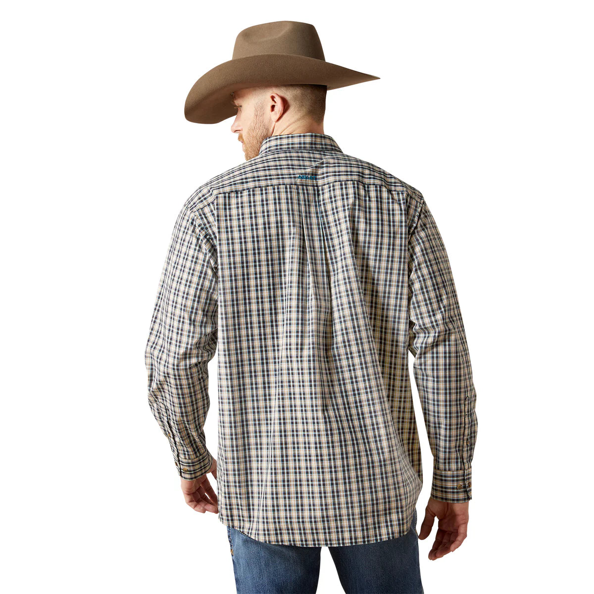Man wearing a plaid shirt and cowboy hat on a white background
