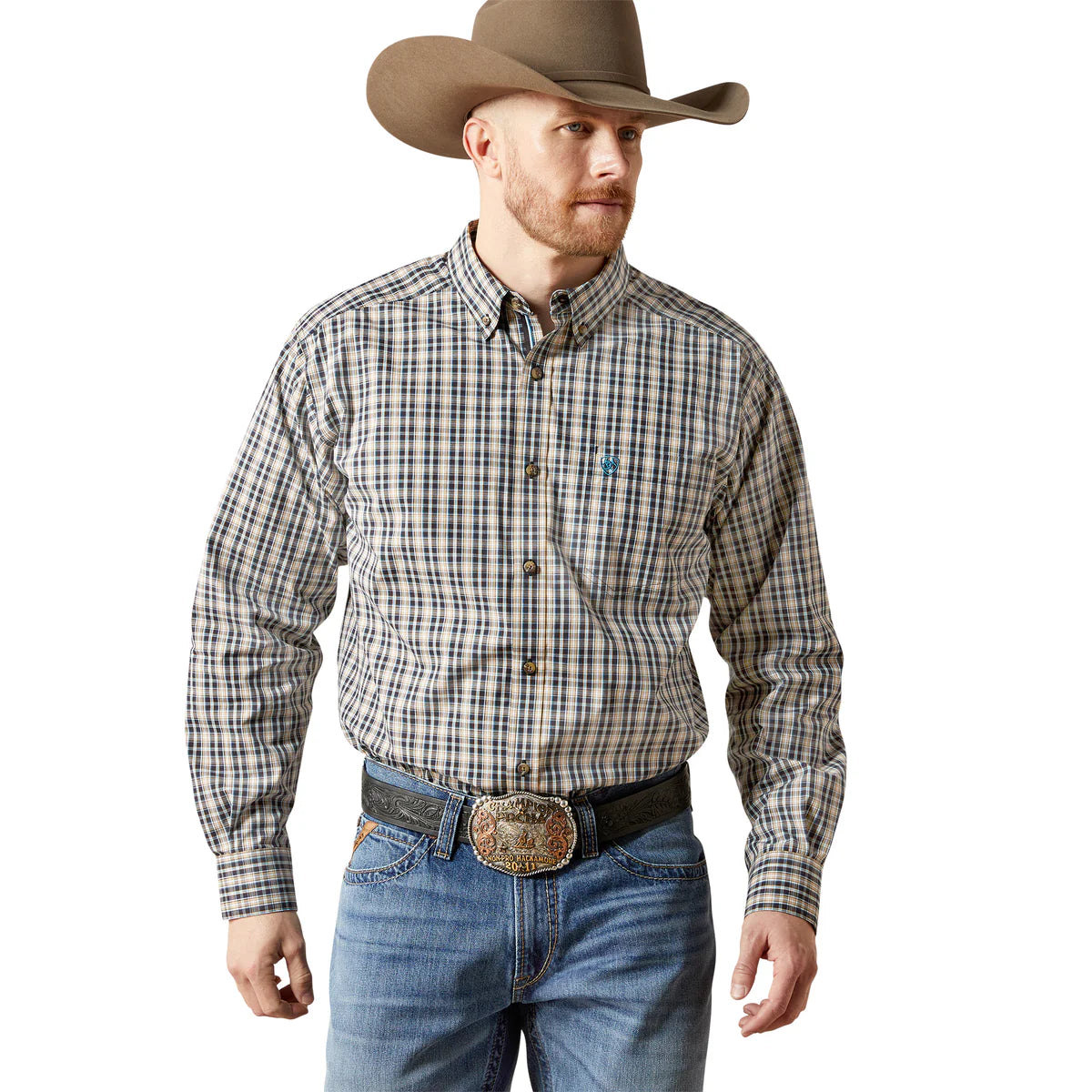 Man wearing a plaid shirt, jeans, and a cowboy hat on a white background