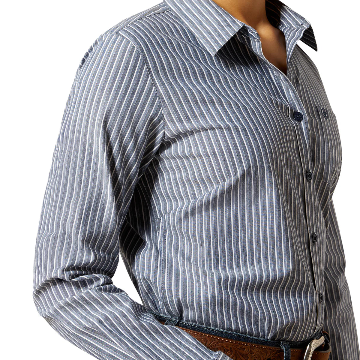Close-up of a person wearing a gray and white striped shirt on a white background