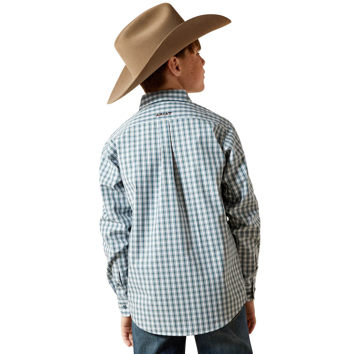 Person wearing a checkered shirt and cowboy hat on a white background