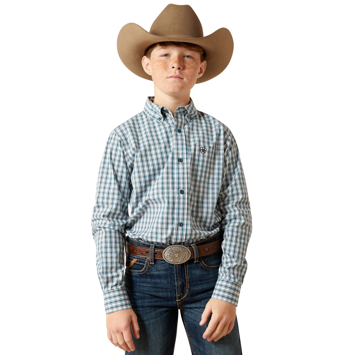 Young boy wearing a checkered shirt, jeans, and a cowboy hat on a white background
