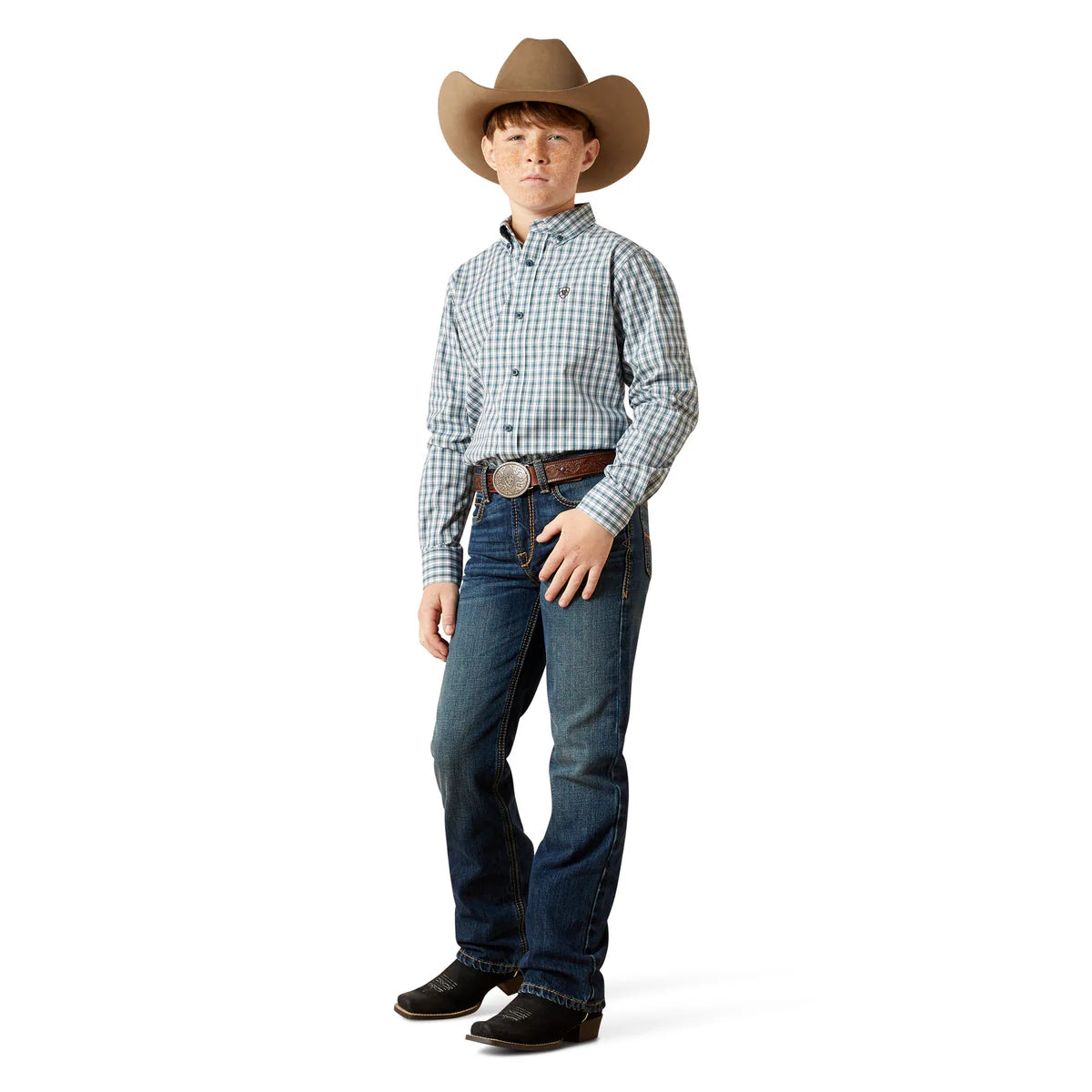 Child wearing a checkered shirt, jeans, and a cowboy hat on a white background