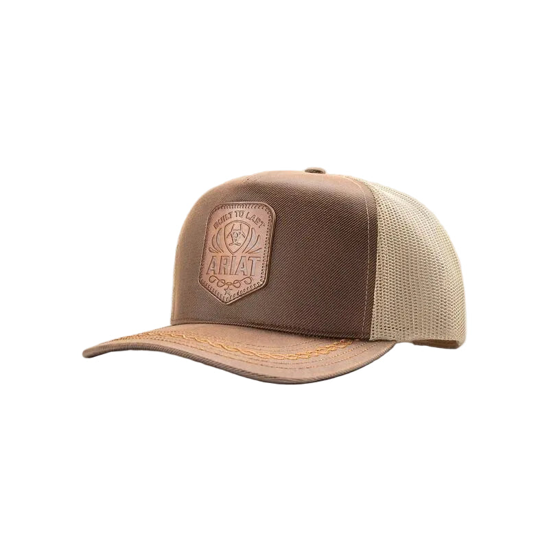 Brown and beige cap with a logo on a light gray background