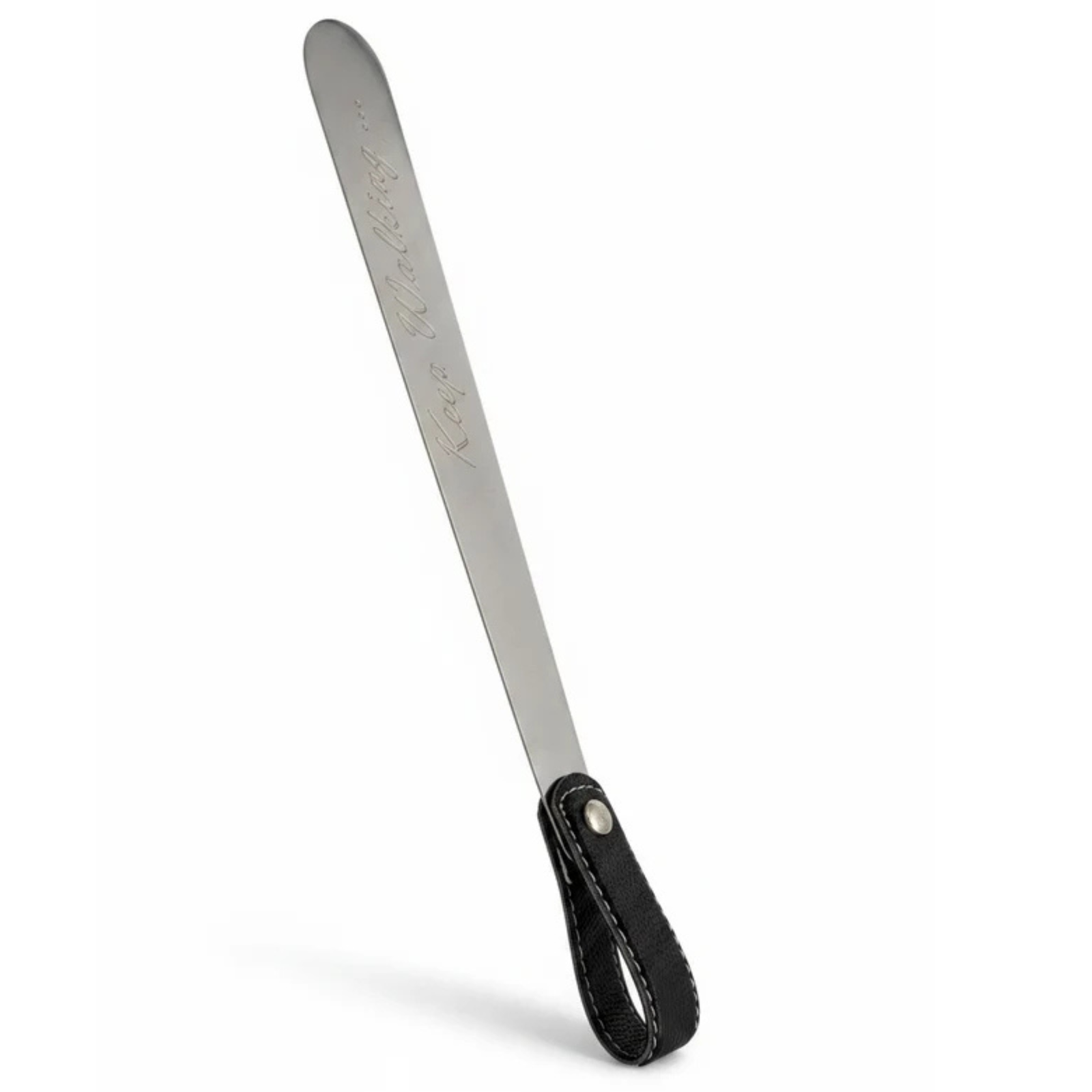 A long, narrow metal serving utensil with a black leather loop handle, shown on a clean white background. The blade has an engraved script logo.