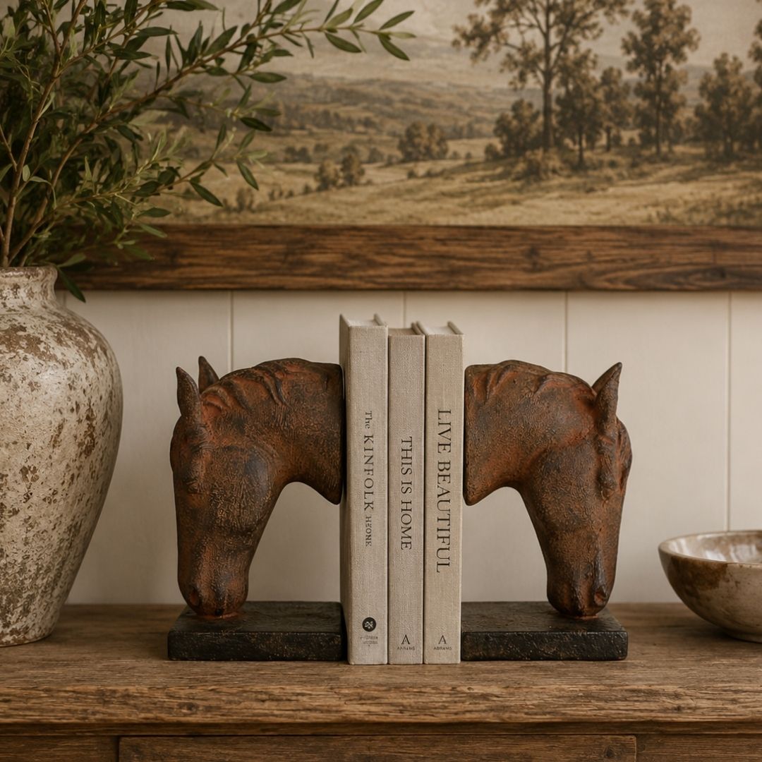 A pair of rustic cast iron horse head bookends on a plain white background.
