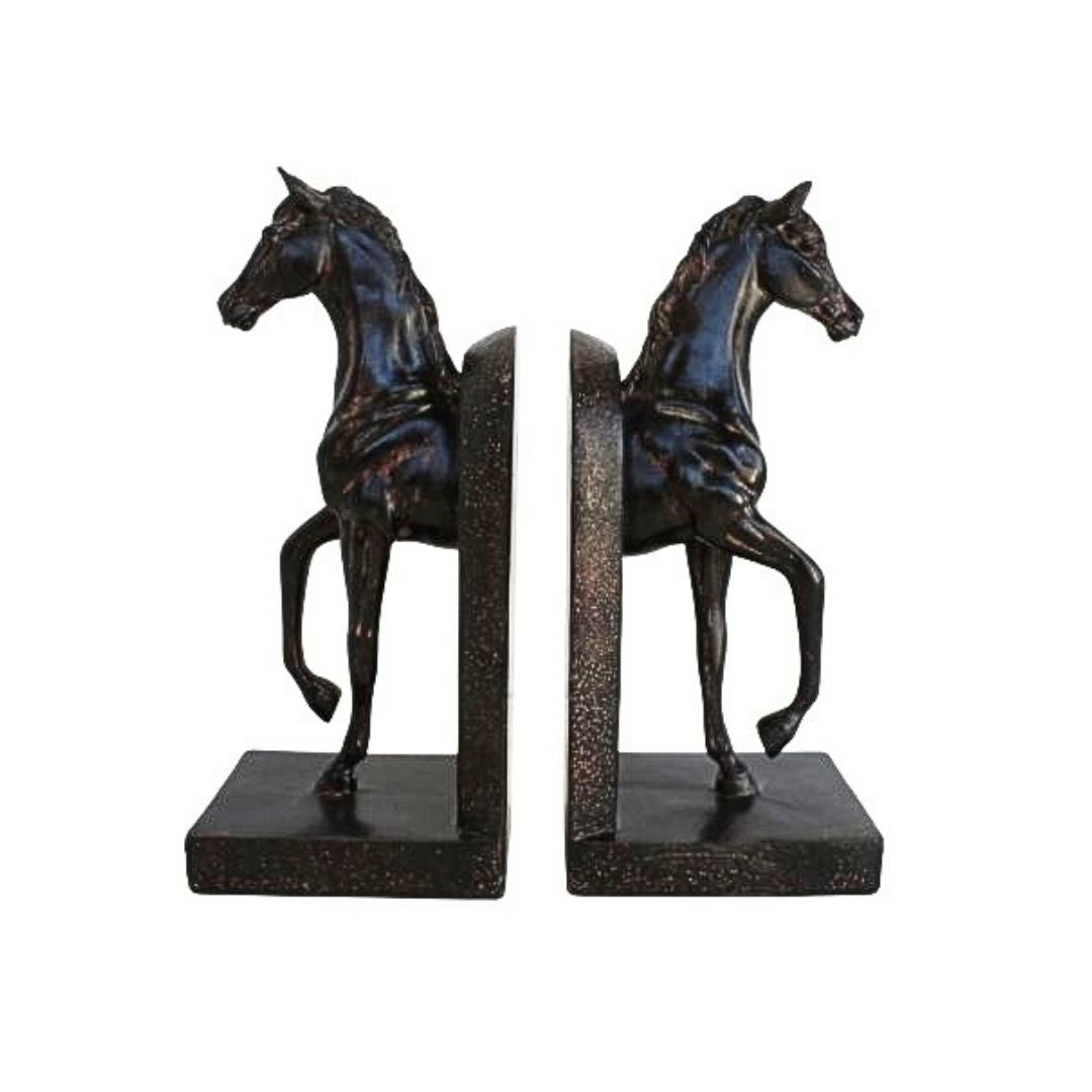 A pair of horse bookends featuring dark metallic horse figurines with textured bronze bases, shown against a plain white background.