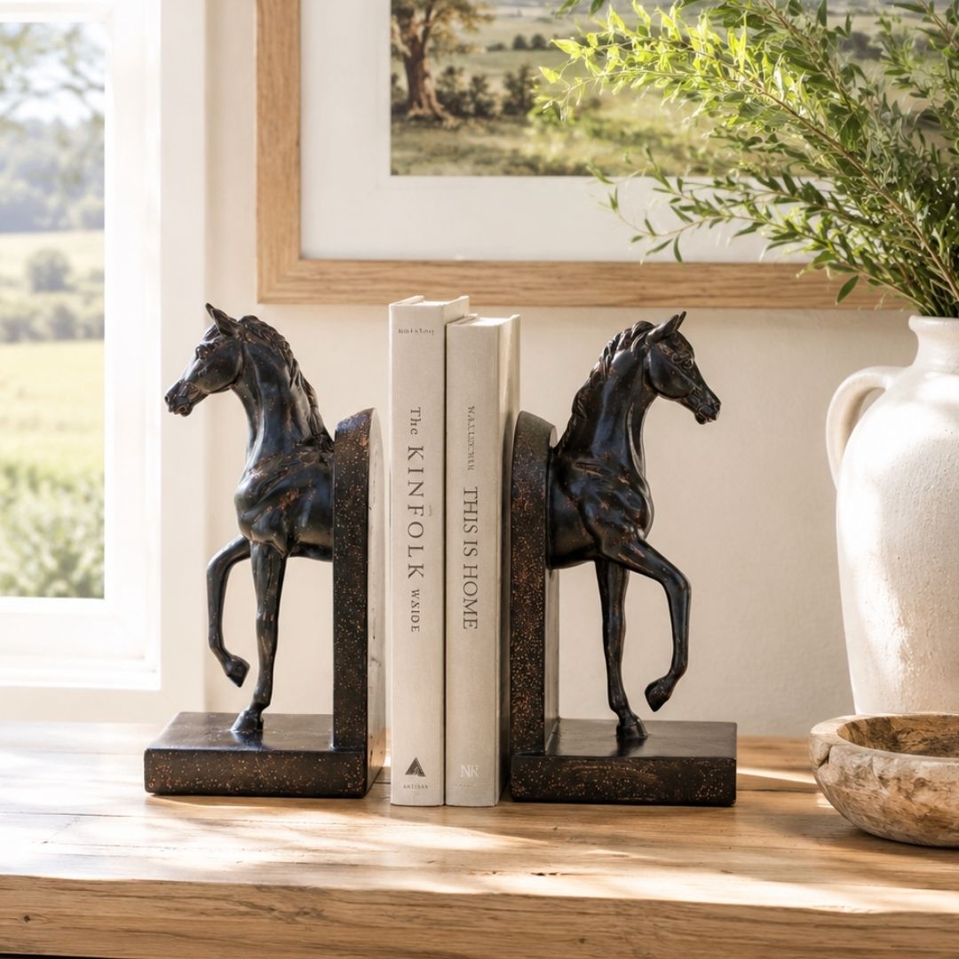 A pair of horse bookends featuring dark metallic horse figurines with textured bronze bases, shown against a plain white background.