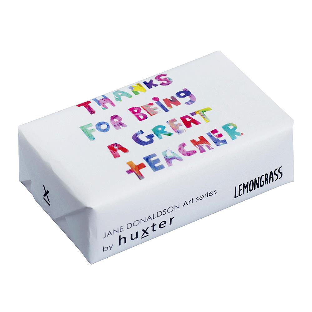 JD 'Thanks For Being A Great Teacher' Soap. Box of soap with 'Thanks for being a great teacher' text and 'Lemongrass' label on a white background