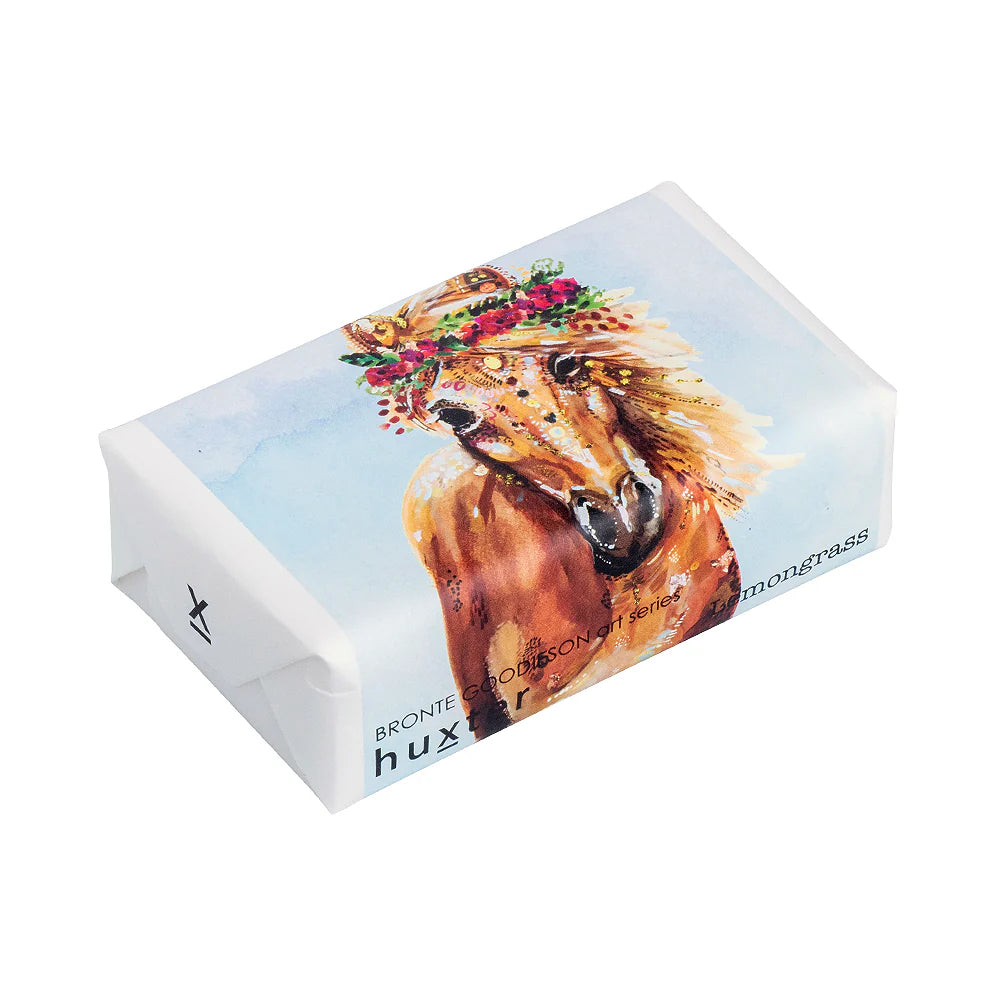 Huxter BG Horse Soap. A packaged bar of Huxter Horse Soap with artwork of a horse wearing a floral crown on the front.