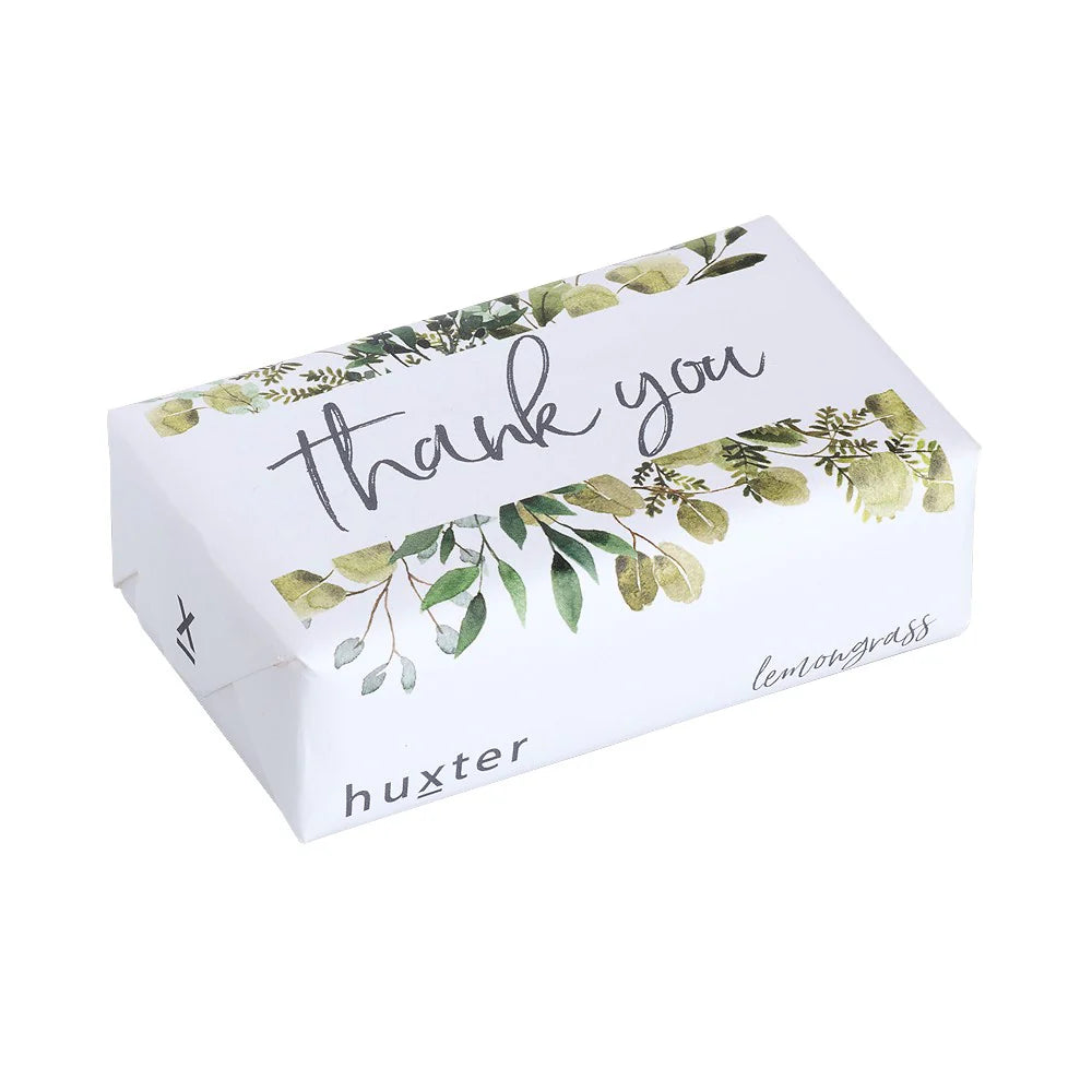 Huxter Thank you Greenery Soap. A packaged bar of Huxter soap with 'thank you' text and greenery design, indicating a lemongrass scent.