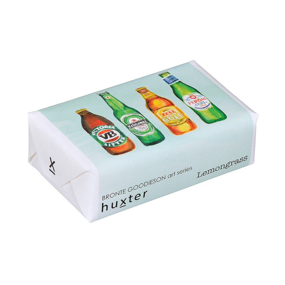Huxter BG 'Beers' Soap. Box of Huxter Lemongrass with images of bottles on a white background