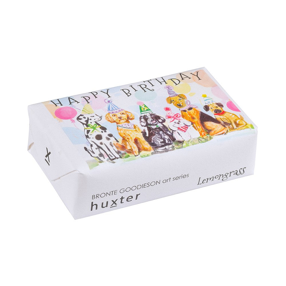 Huxter BG 'Time to pawty" - Happy Birthday Soap. Gift soap with birthday-themed design of dogs and 'huxter' branding on a white background