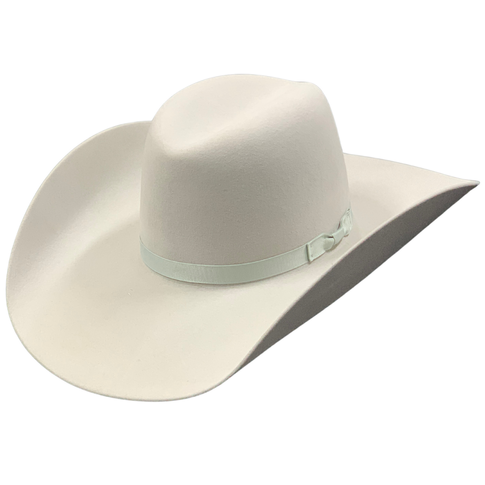 Serratelli 10X 4 3/8" Brim Cloud Felt Cowboy Hat. A beige cowboy hat with a wide brim and a silver ribbon around the crown.