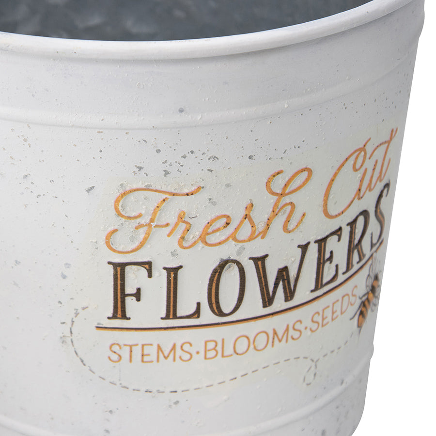 Fresh Cut Flowers Bucket Planters. White flower pot with 'Fresh Cut Flowers' text and branding on a white background