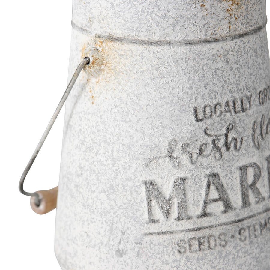 Flower Market Planter with Handle. Metal milk churn with 'Locally Grown Fresh Flowers' text on a white background
