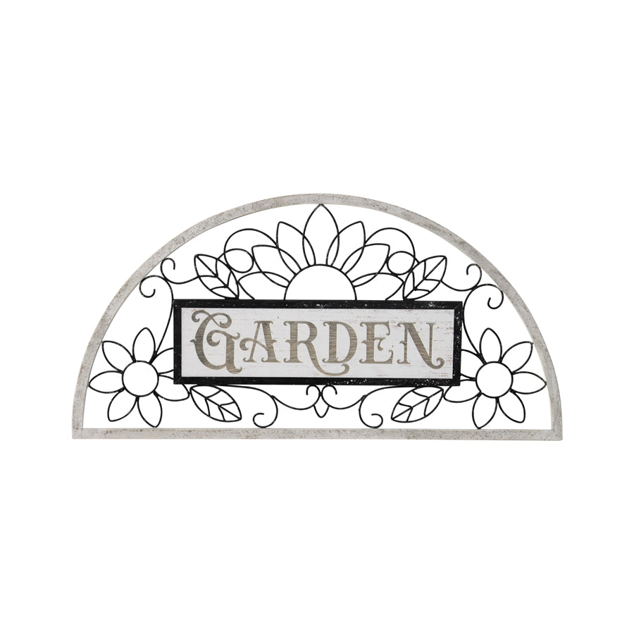 Garden 'Arch' Wall Art. Decorative metal sign with 'Garden' text and floral designs on a white background