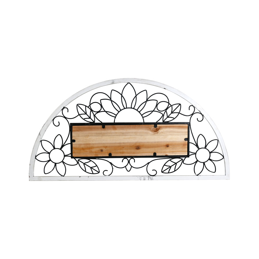 Garden 'Arch' Wall Art. Decorative metal arch with floral patterns and a wooden plaque on a white background