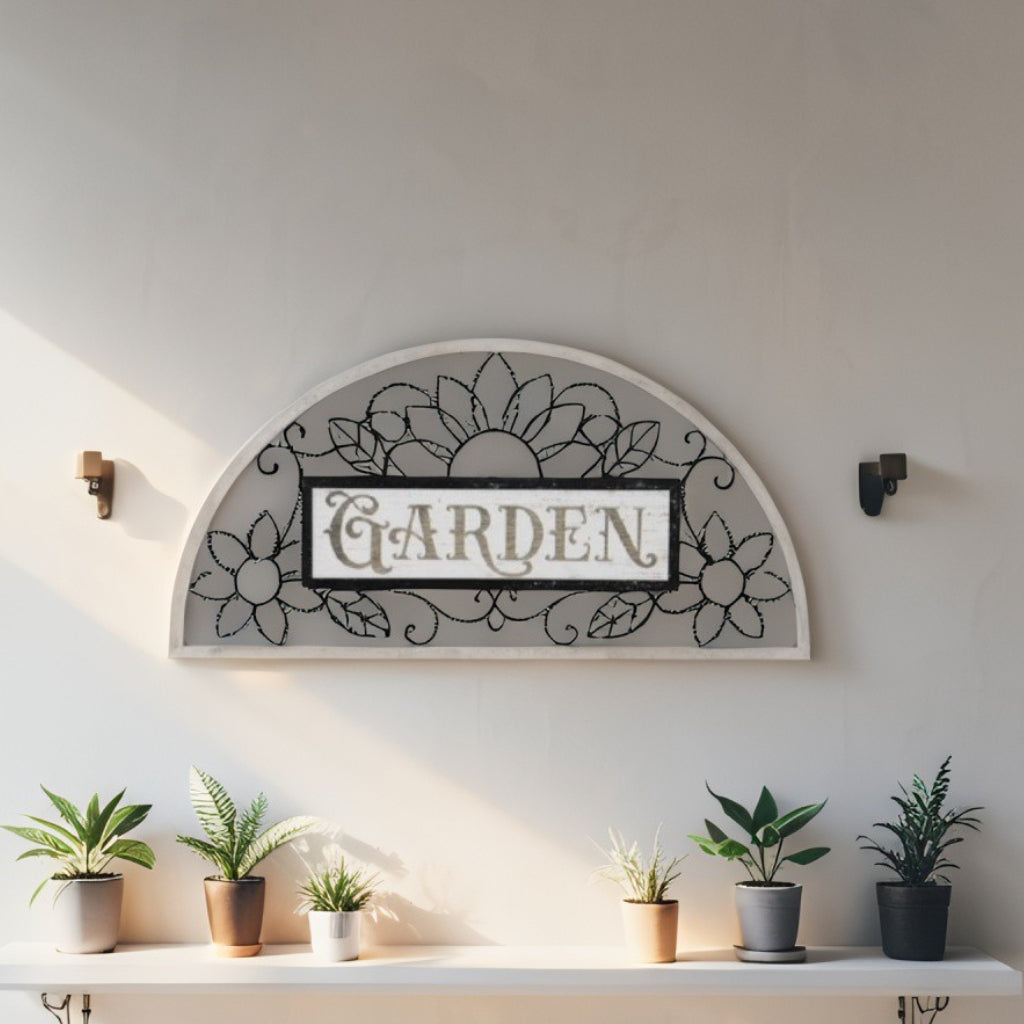 Garden 'Arch' Wall Art. Decorative wall art with 'Garden' text above a shelf with potted plants.
