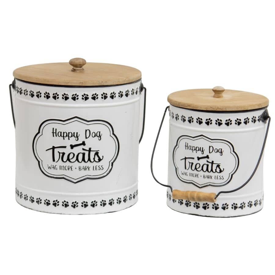 Happy Dog Treat Tin Set of 2. Two white pet treat cans with wooden lids and paw print designs on a white background.
