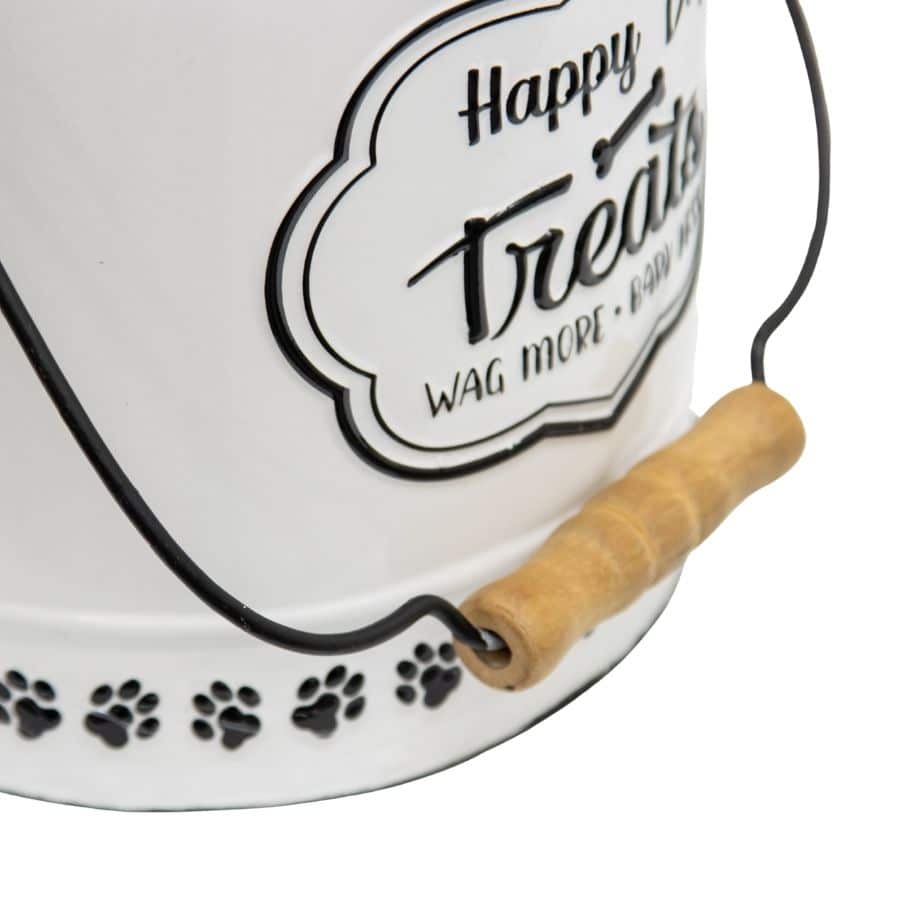 Happy Dog Treat Tin Set of 2. White pet treat container with wooden handle and 'Happy Treats' text
