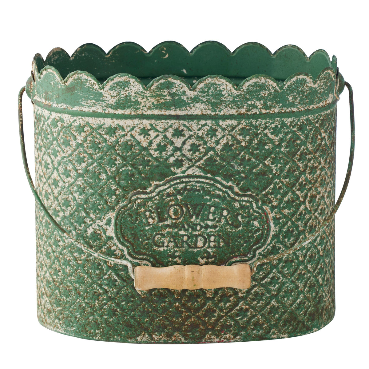 Decorative green metal bucket with scalloped rim and 'Bowler Garden' branding.
