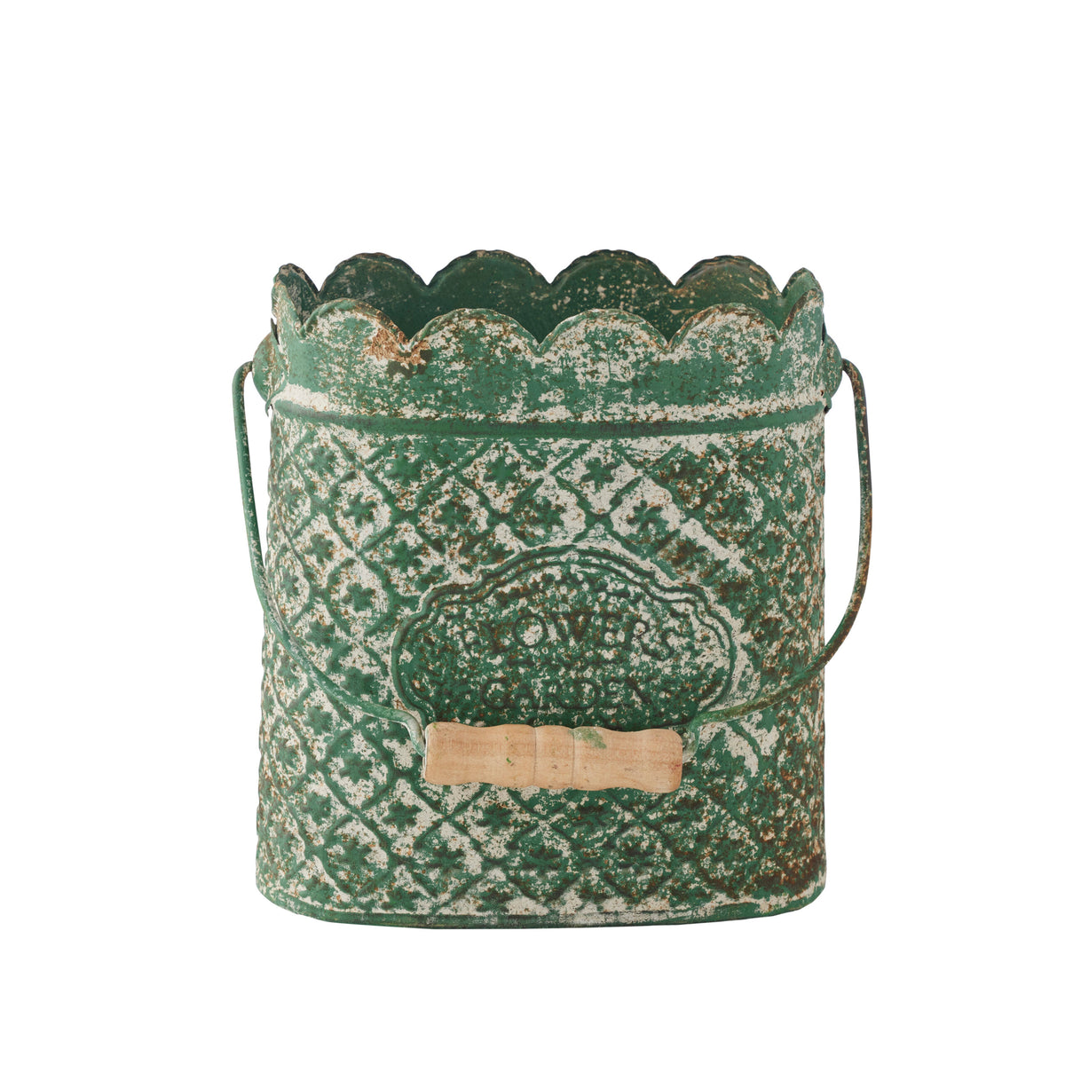 Decorative green metal bucket with scalloped rim and rustic design on a white background