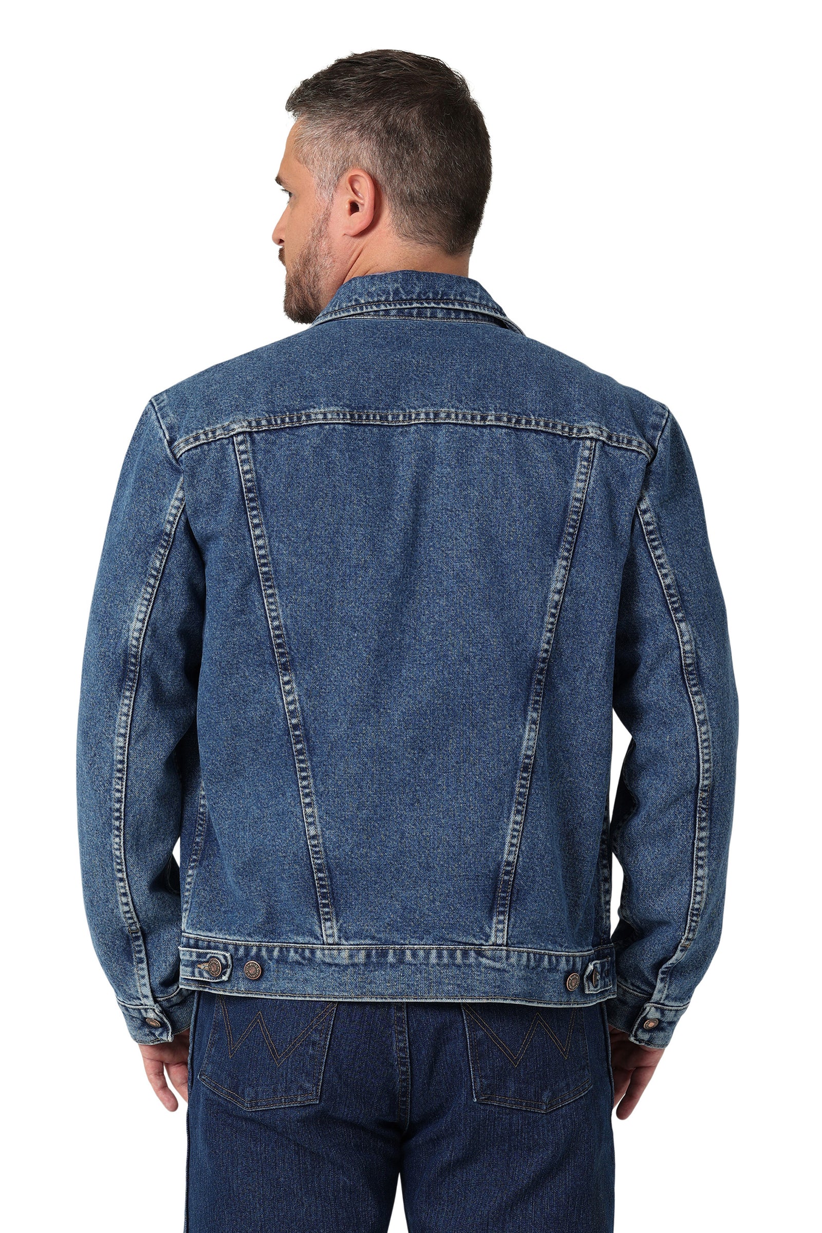 Wrangler Men's Classic Denim Jacket. Man wearing a blue denim jacket on a white background
