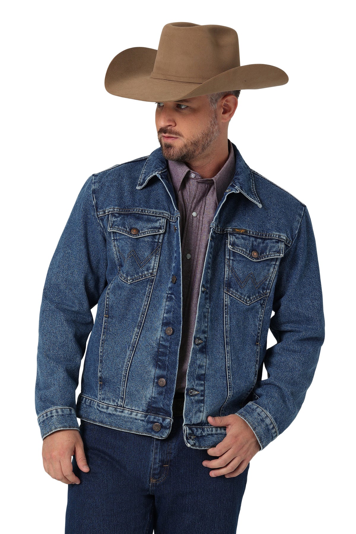 Wrangler Men's Classic Denim Jacket. Man wearing a denim jacket and brown cowboy hat on a white background