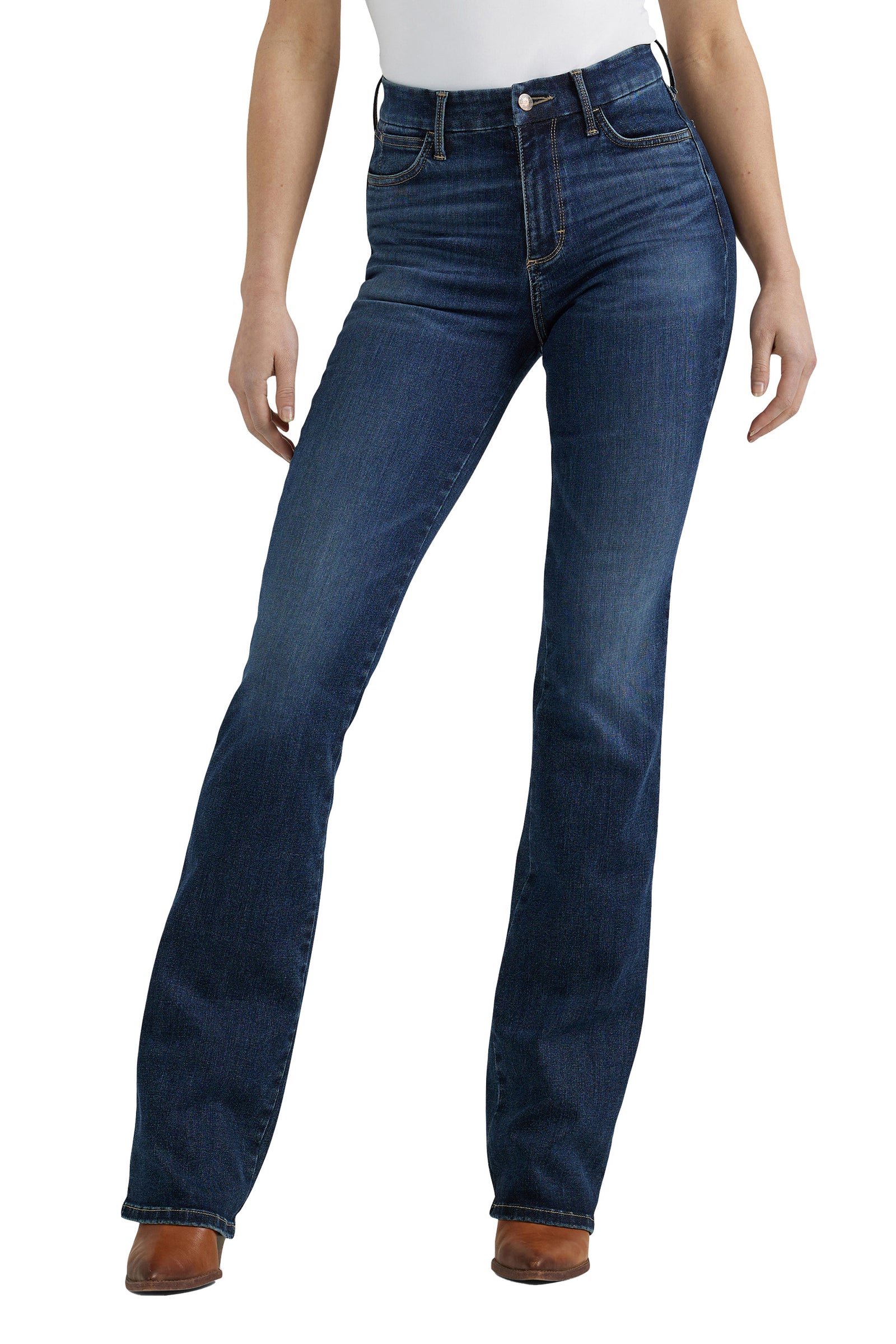 Wrangler Women's Bespoke High Rise Boot Cut Jean. Blue jeans worn by a person on a white background