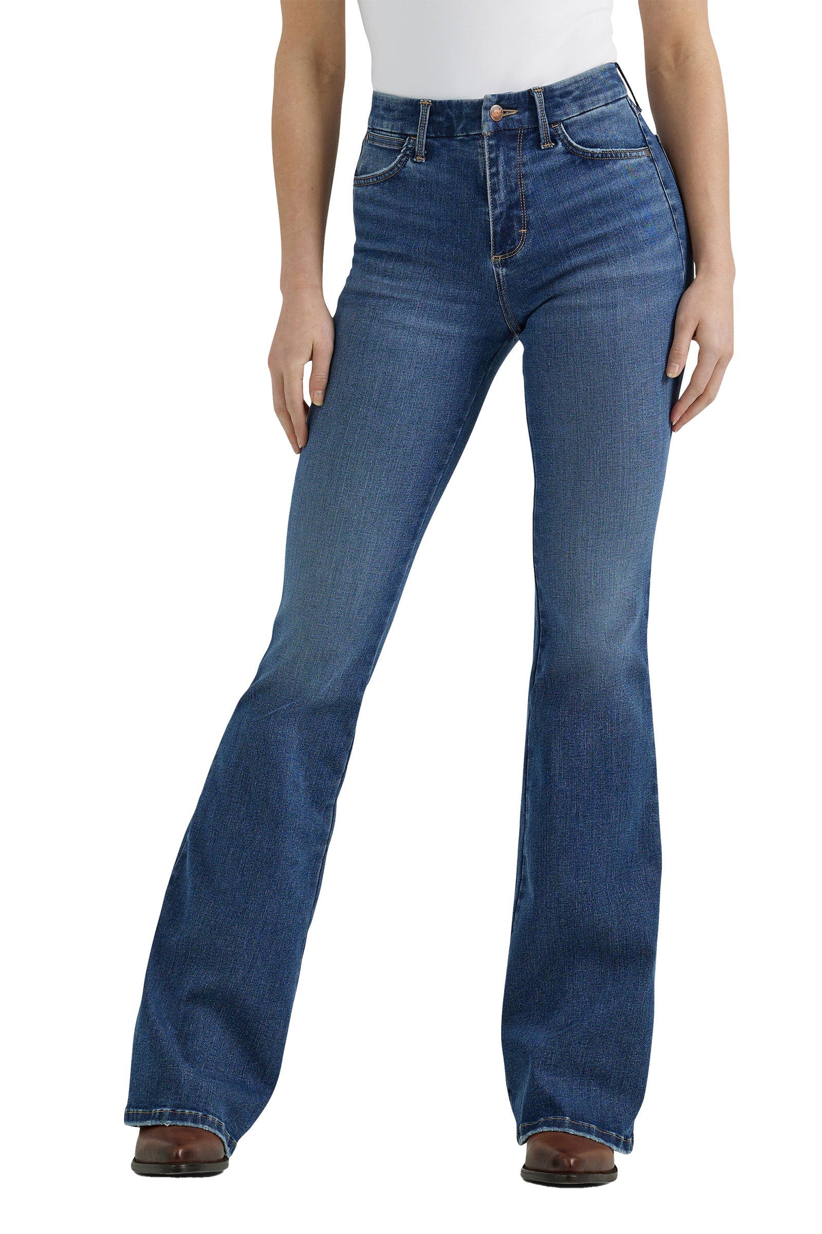 Wrangler Women's Bespoke High Rise Flare Jean. Blue jeans worn by a person on a white background