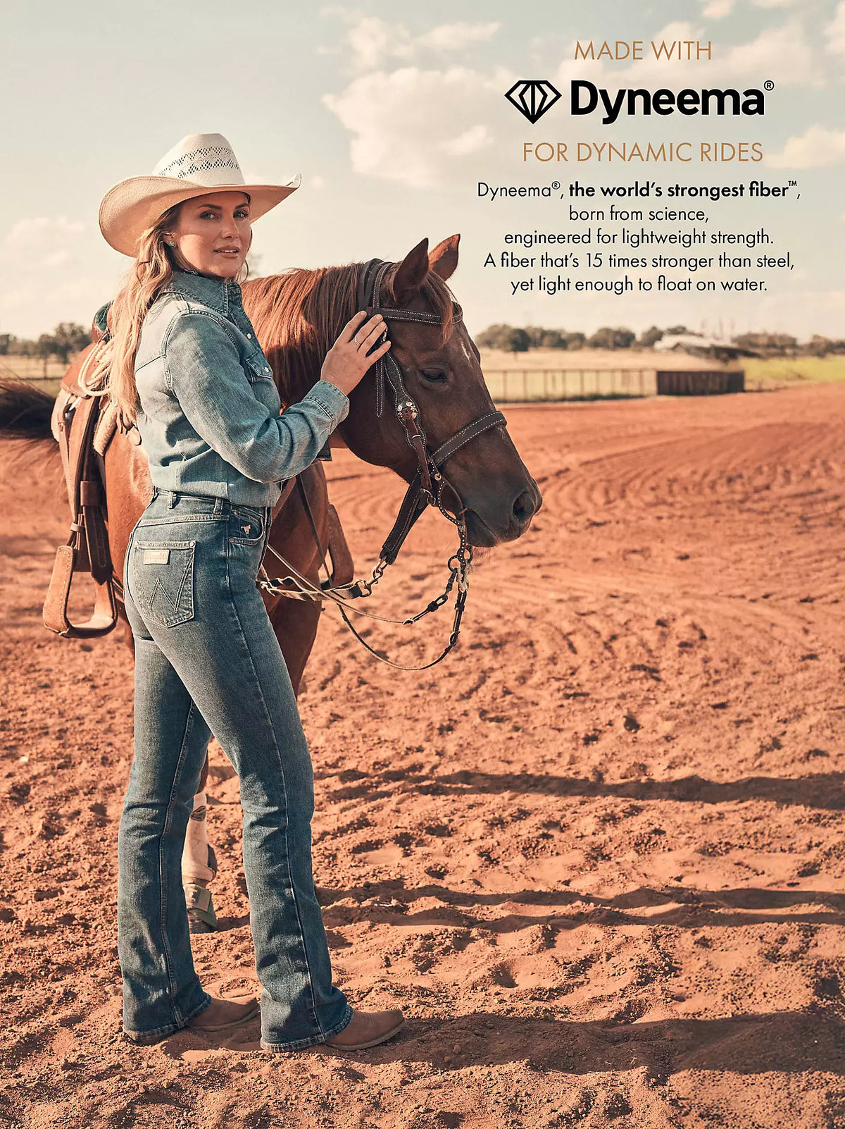 Woman in cowboy hat and jeans standing next to a horse on a dirt ground with Dyneema branding.