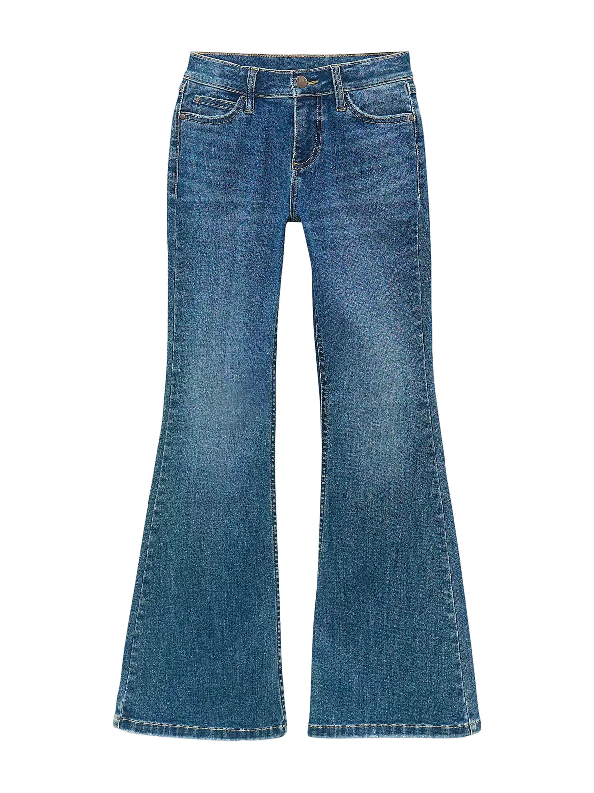 Blue flared jeans on a white background