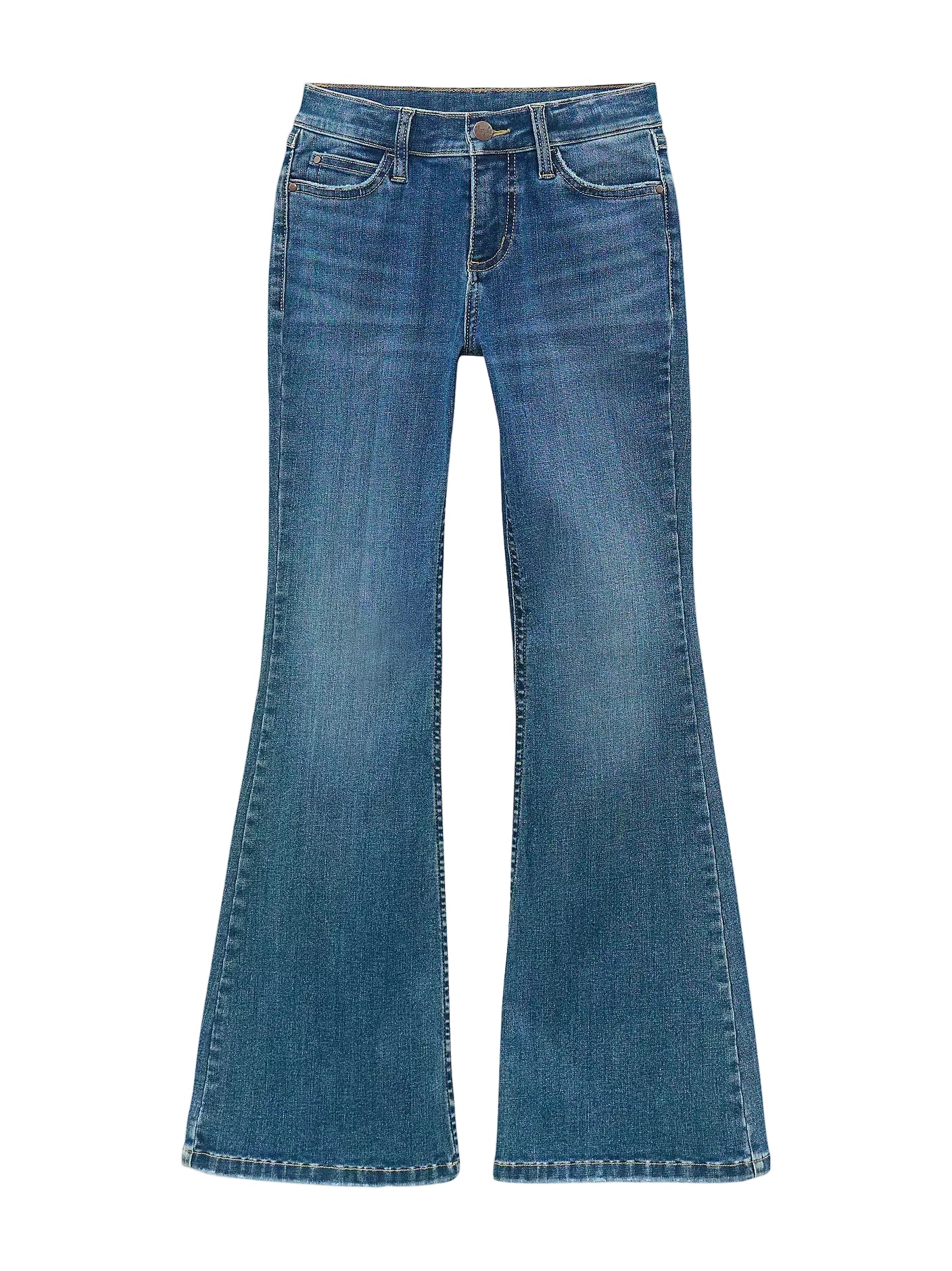 Blue flared jeans on a white background