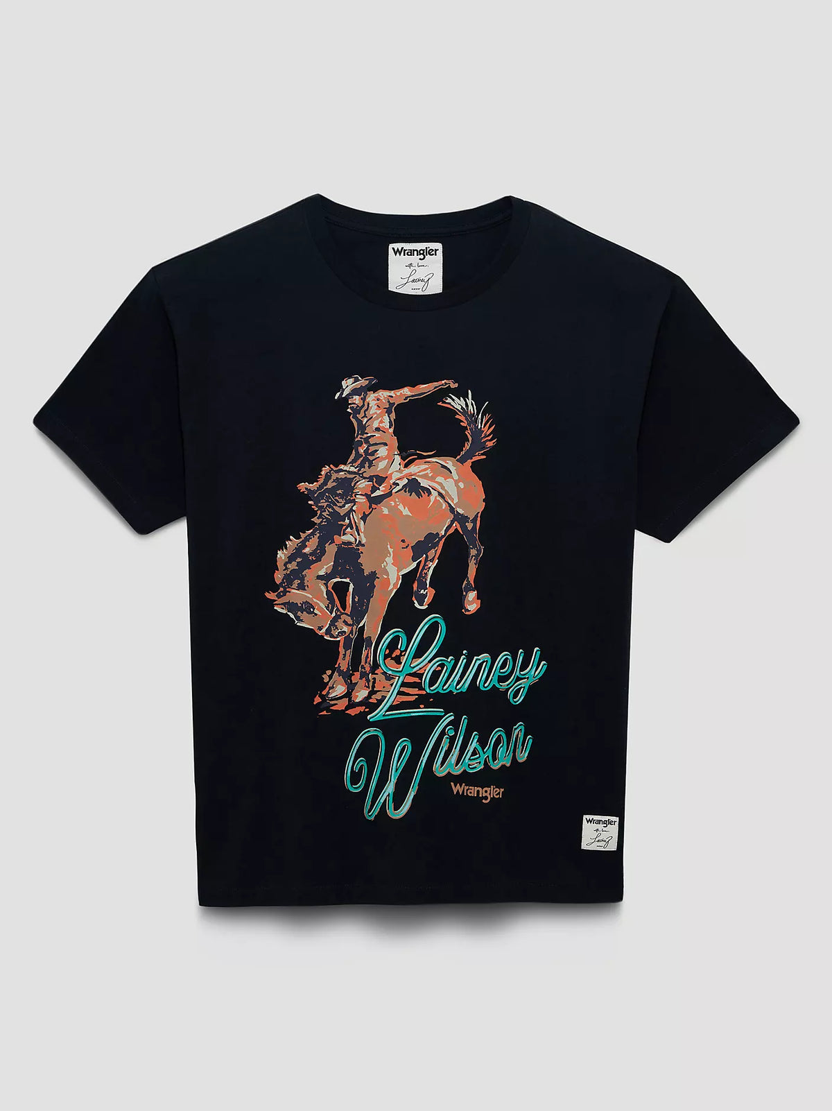 Black t-shirt with a graphic of a person riding a bucking bronco and 'Launcy Wilson' text on a gray background
