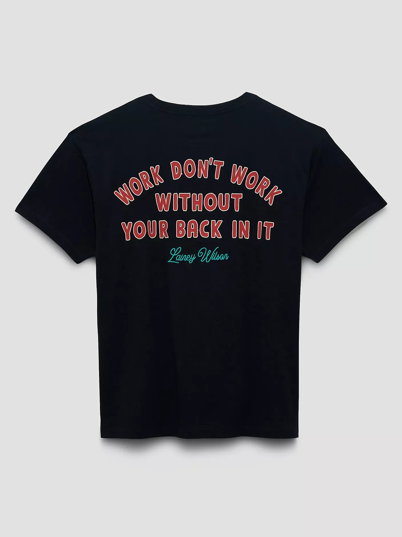 Black t-shirt with colorful text on a gray background
