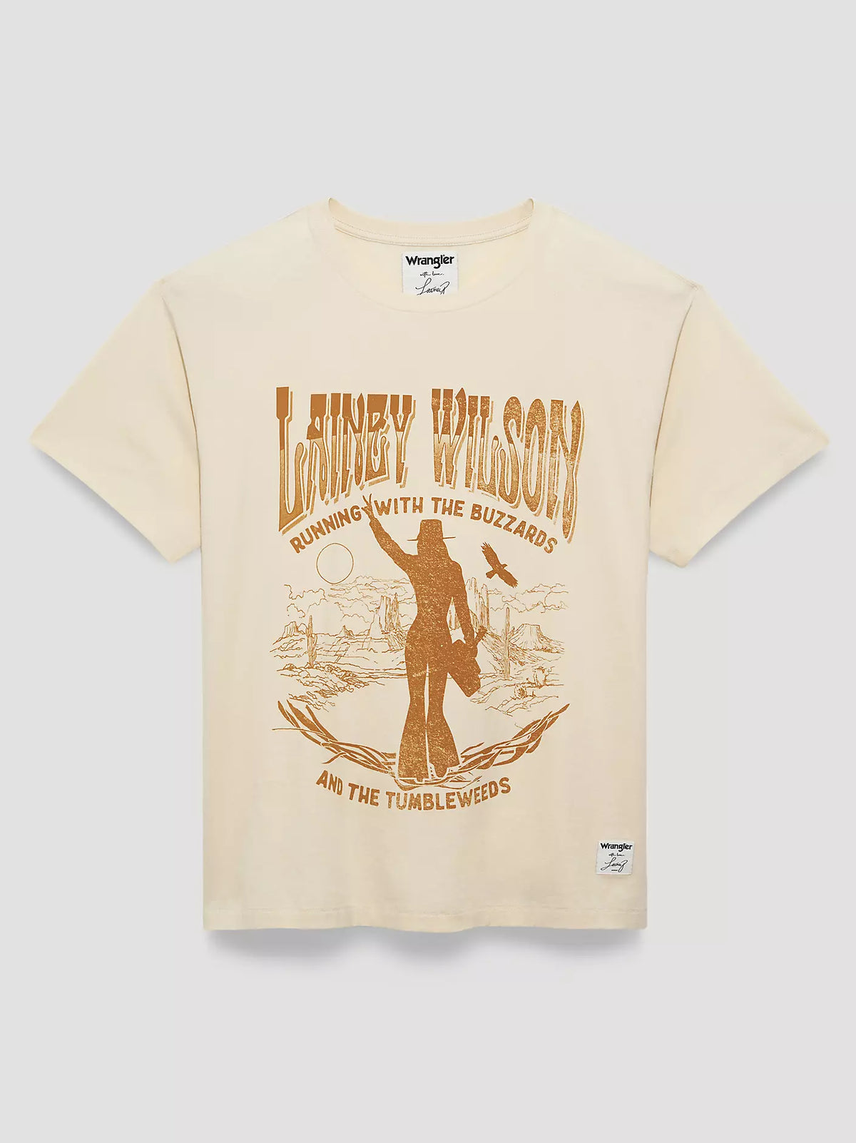 Beige t-shirt with graphic design and text on a light gray background