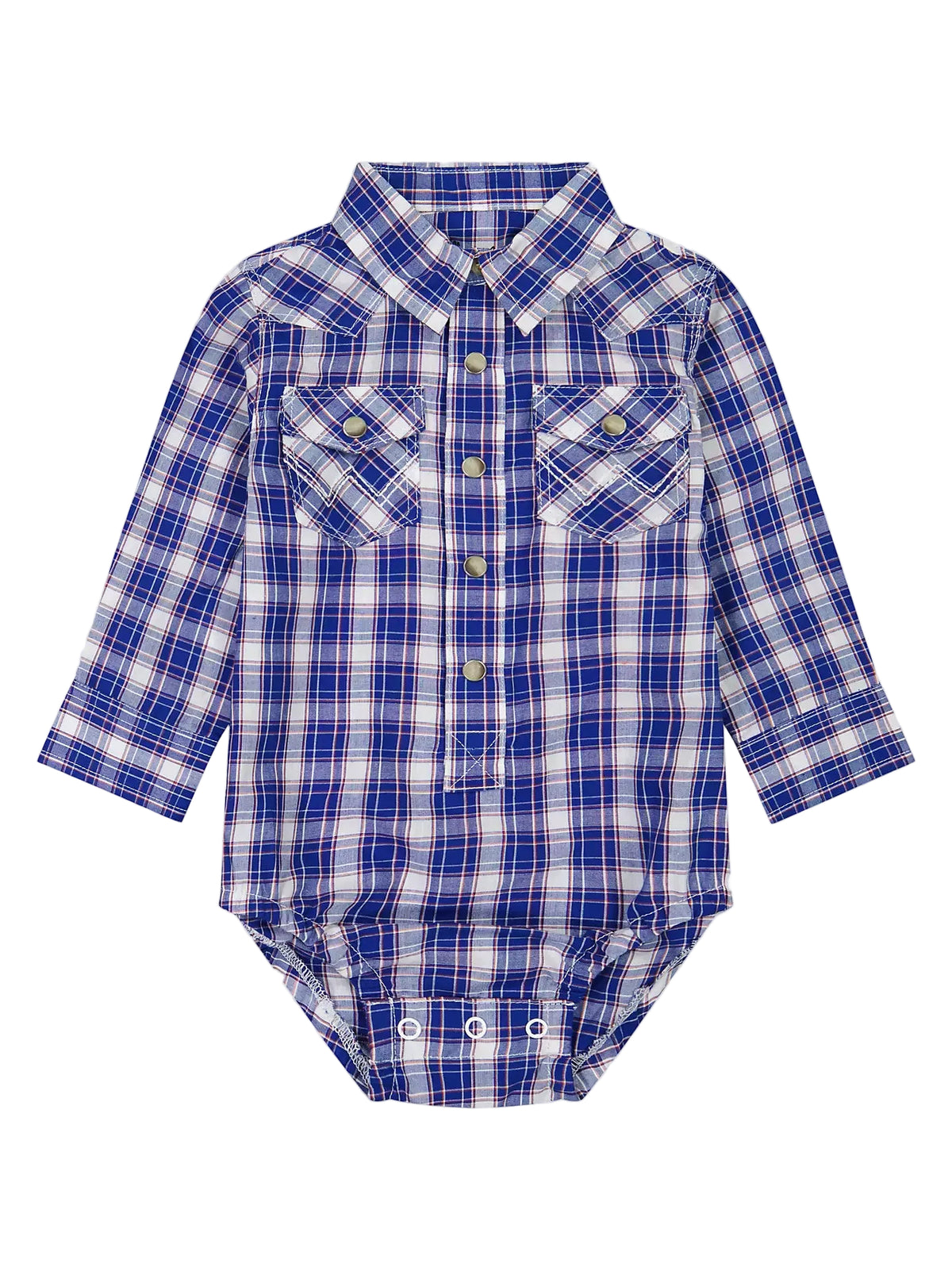 A baby long-sleeve plaid shirt-bodysuit in blue, white, and gray, featuring a western-style collar, button-down front, and chest pockets.