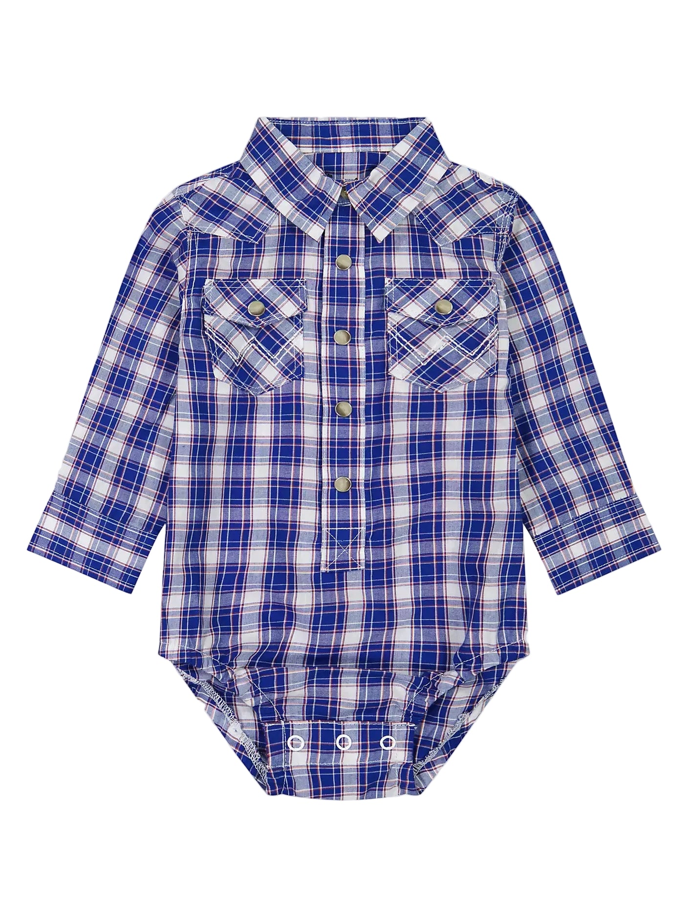 A baby long-sleeve plaid shirt-bodysuit in blue, white, and gray, featuring a western-style collar, button-down front, and chest pockets.
