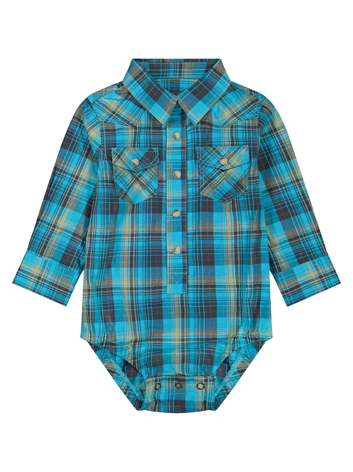 A baby long-sleeve plaid shirt-bodysuit in turquoise blue, black, and tan, featuring a western-style collar, button-down front, and chest pockets.