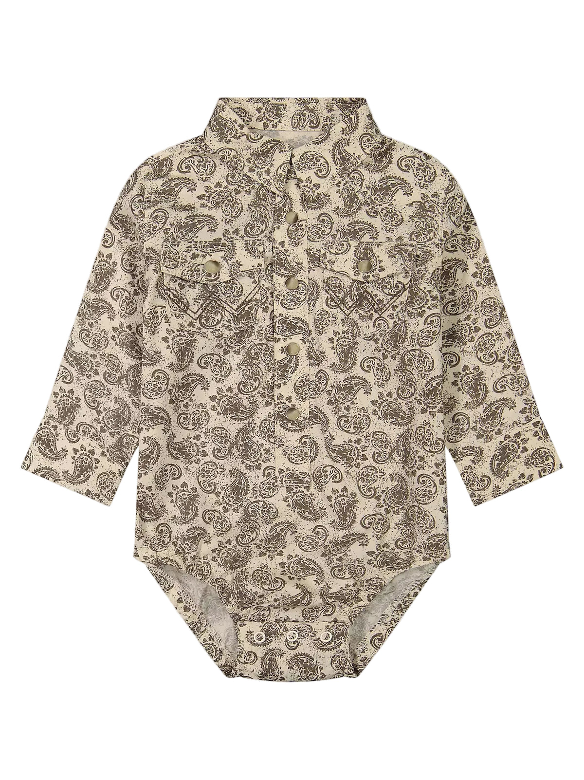 A long-sleeve button-front baby bodysuit with a paisley pattern, laid flat against a light gray background.