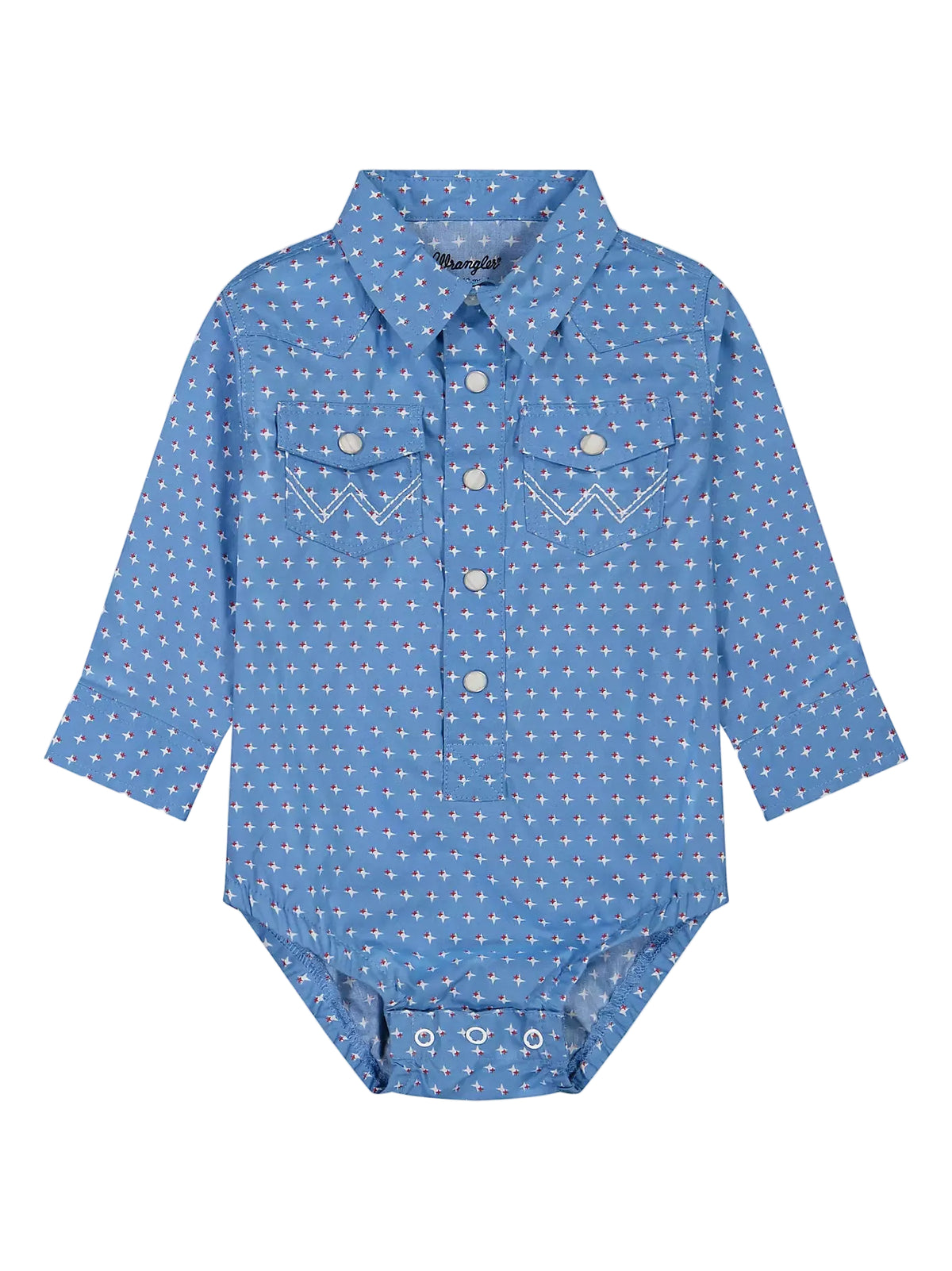 A baby long-sleeve button-up shirt in blue with a white micro-pattern, featuring a western-style collar, chest pockets with zigzag stitching, and snap closures at the crotch.