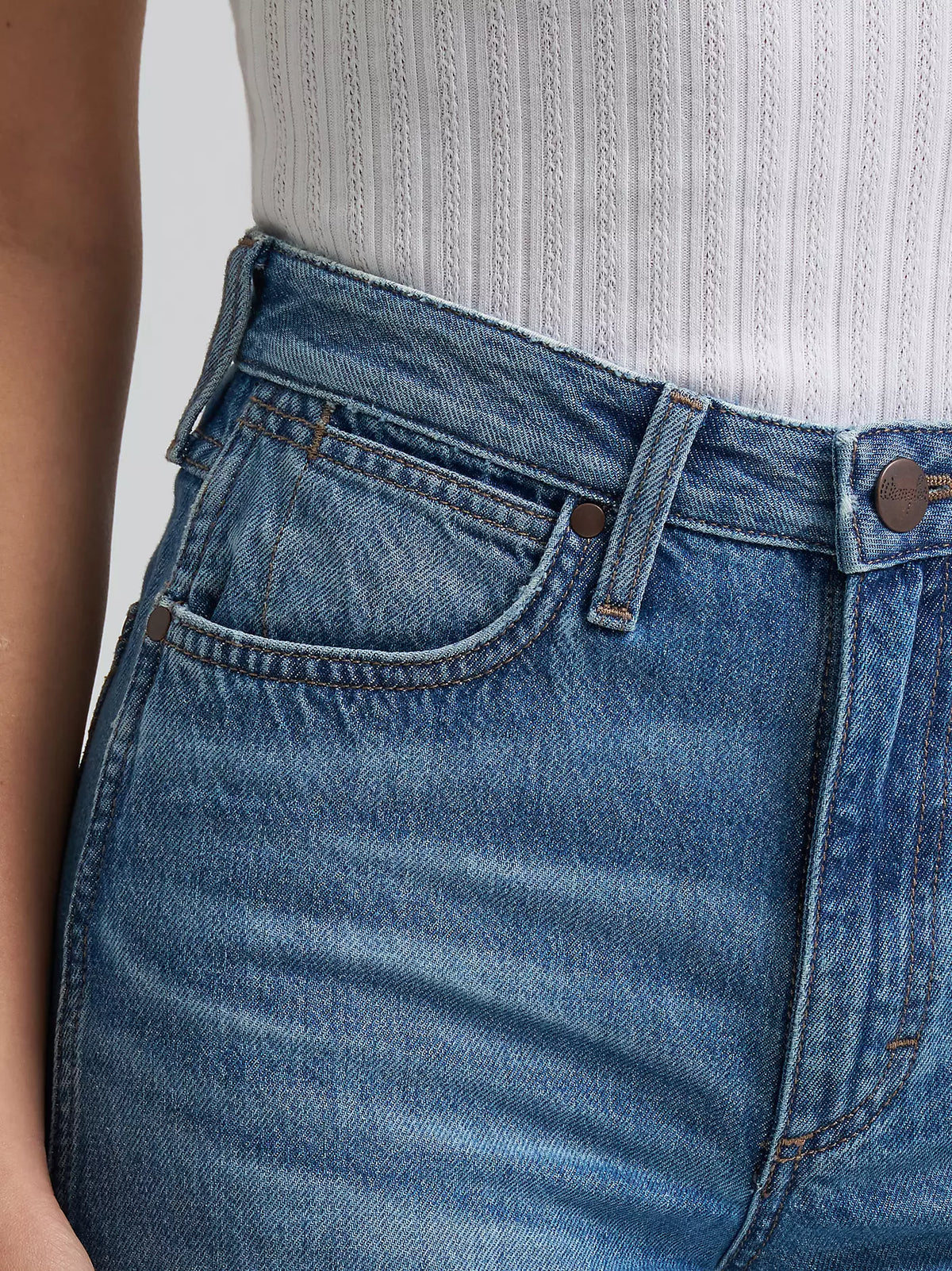 Close-up of blue jeans with a plain background