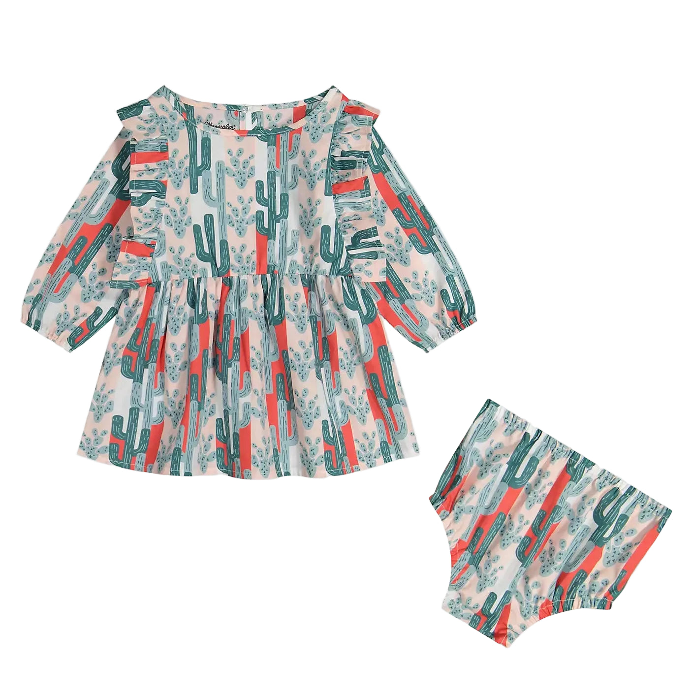 A two-piece baby girl's outfit set featuring a long-sleeve ruffled dress and matching bloomers, both printed with a cactus and floral pattern in teal, coral, and cream on a light background.