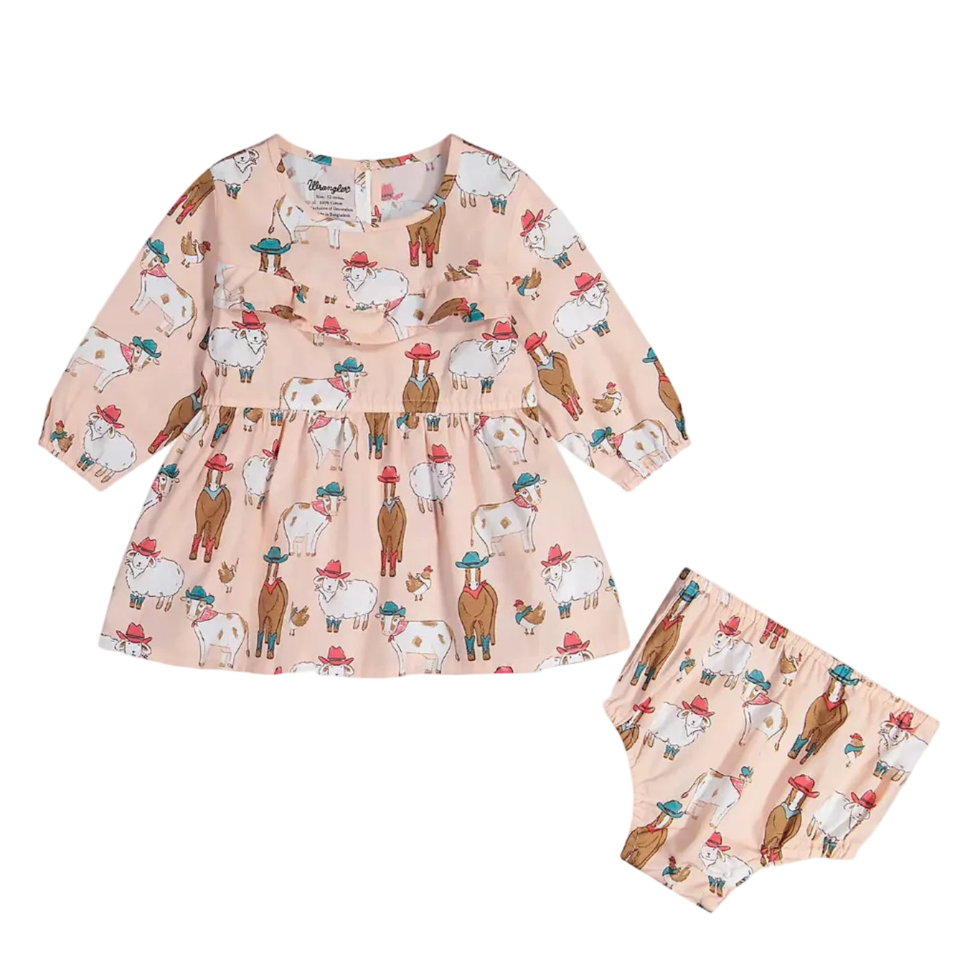 A baby girl's two-piece outfit set consisting of a long-sleeve dress and matching bloomers, both in a light peach-pink color with an all-over print of cartoon animals wearing cowboy hats.