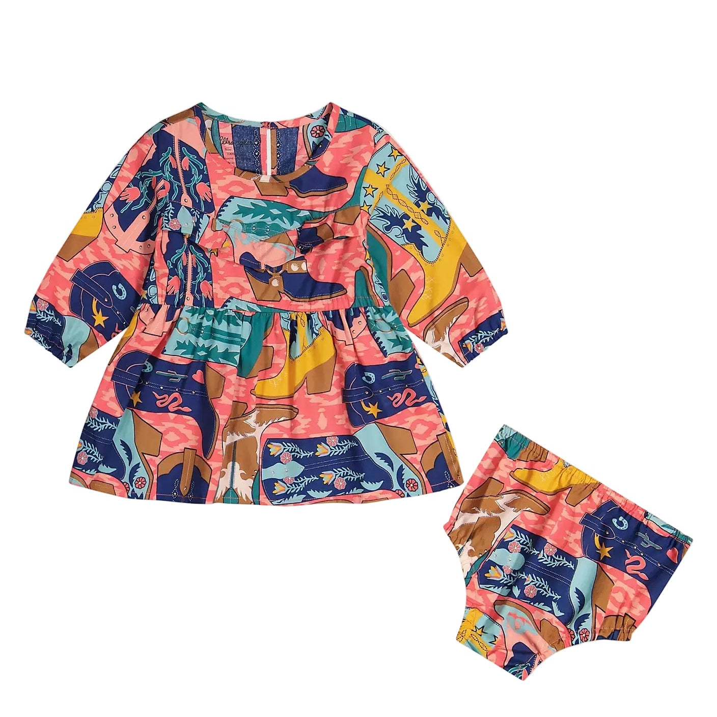A two-piece baby outfit set featuring a long-sleeve tunic top and matching bloomers, both printed with a colorful cartoon animal pattern in pink, blue, yellow, and green on a light gray background.