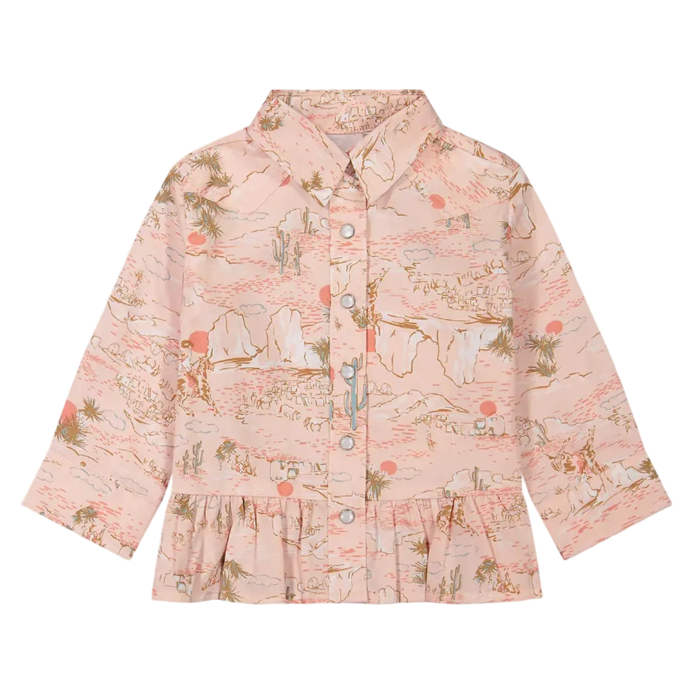 A long-sleeve button-up shirt for children, featuring a light pink and beige scenic landscape print with small illustrated figures and trees, set against a plain light gray background.