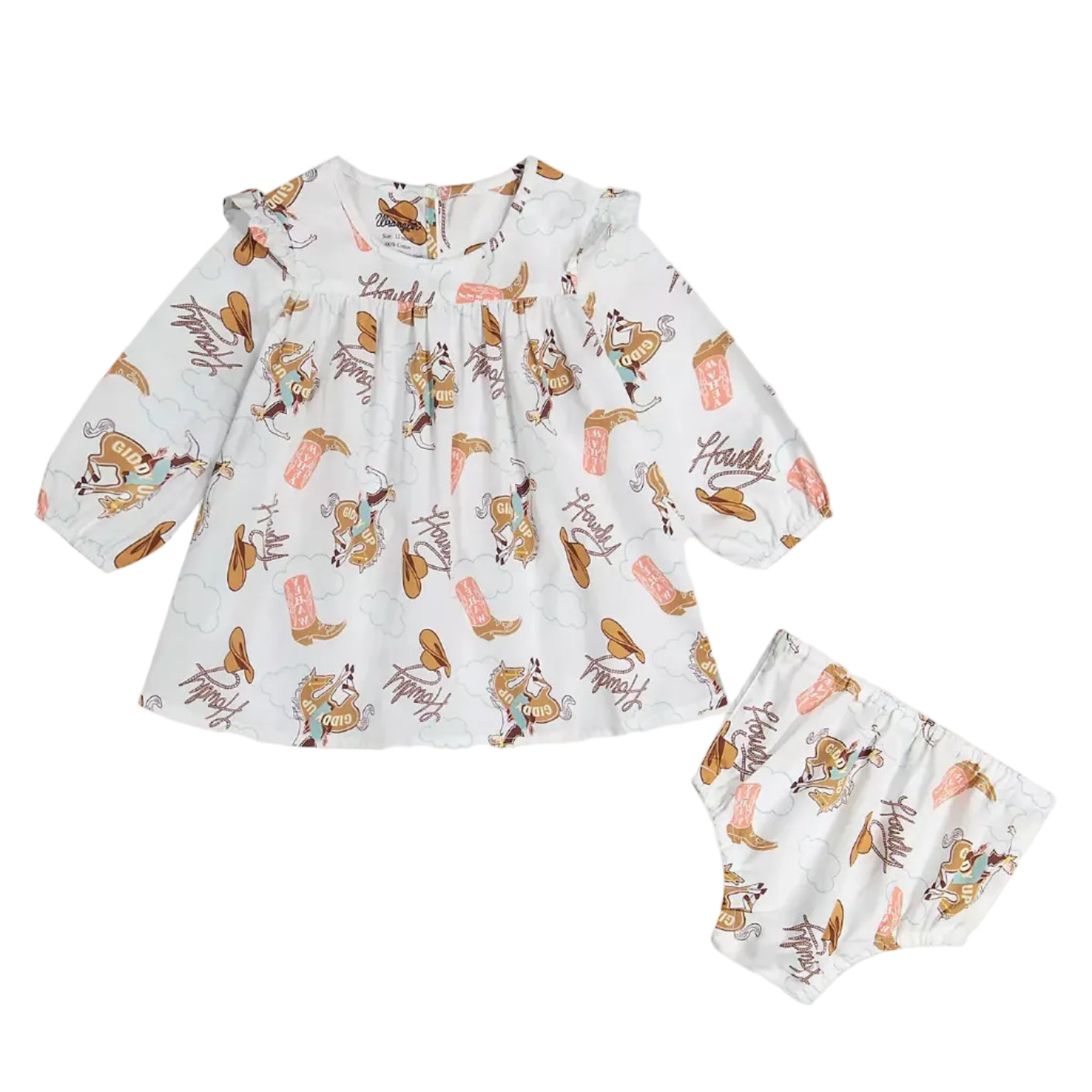 A baby girl's two-piece outfit set consisting of a long-sleeve smocked blouse and matching bloomers, both featuring an all-over print of brown boots, cowboy hats, and boots with pink and orange details on a white background.