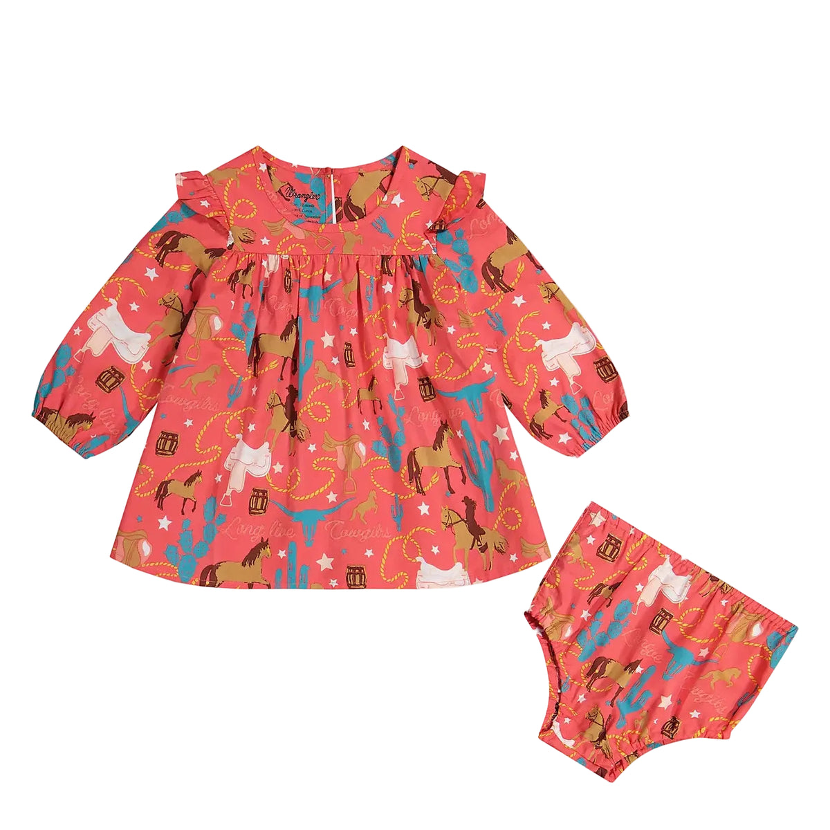 Children's outfit with top and shorts featuring horse print on a light gray background